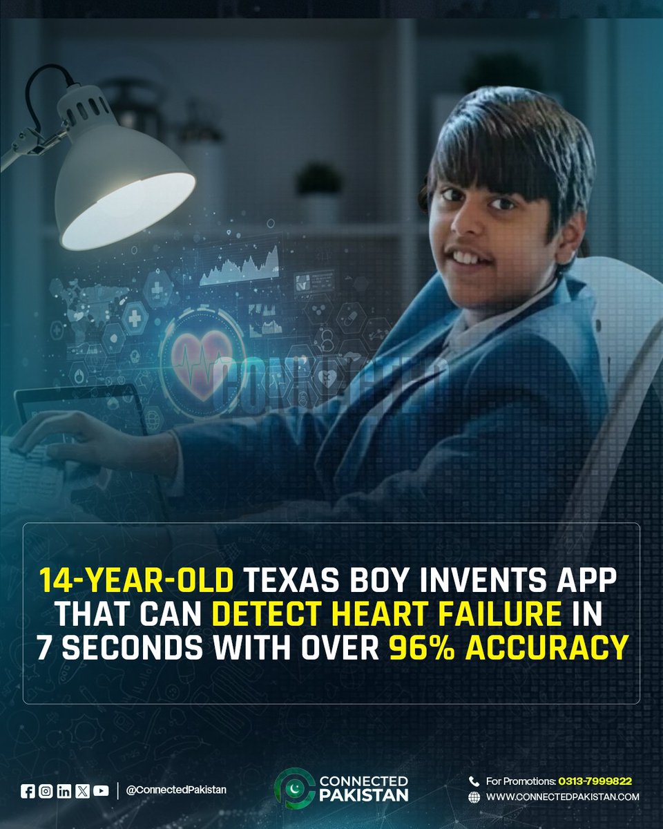 ConnectedPak's tweet image. A 14-year-old from Frisco, Texas, has developed a smartphone app, Circadian AI, that can detect early signs of heart disease in just seven seconds by analyzing heart sounds through machine learning.
#ConnectedPakistan #TechInnovation #TeenInventor #HealthTech #AIForGood #FutureO