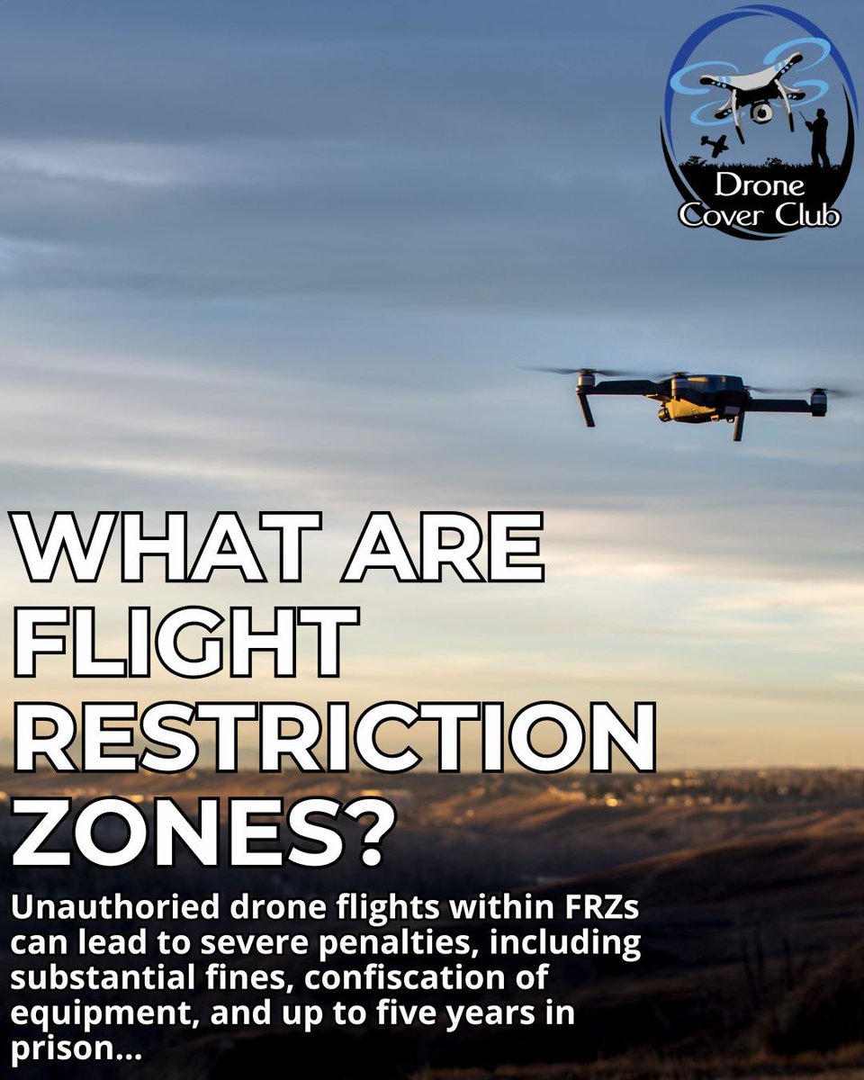 Flight Restriction Zones (FRZs) can be found in place around airports. Flying drones in FRZs without permission poses significant risks to aviation safety. Find out more about No Fly Zones in our Blog... dronecoverclub.co.uk/blog#FRZ 

#FRZ #NFZ #DJI #DronePilot #dronelife #drone