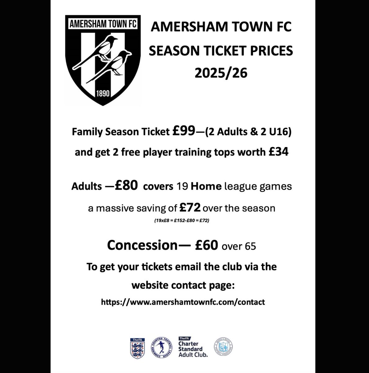 🎟️ 2025/26 season tickets are out now!

Join us at Spratleys Meadow for another year of passion, pride &amp; proper football 💙⚽️

Back the Magpies all season long — let’s make it one to remember 🙌

#UpTheMagpies #AmershamTownFC #SeasonTicket #GetReady #NewSeason