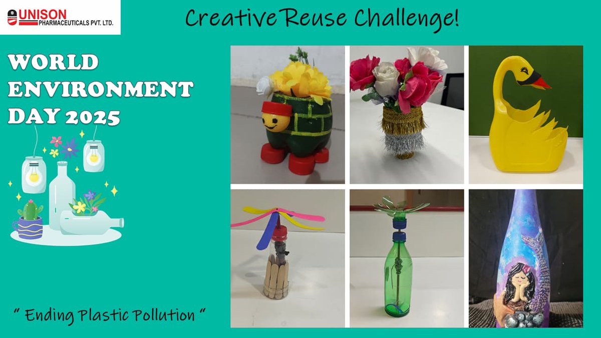 unisonpharma's tweet photo. World Environment Day 2025 came with a powerful theme - #BeatPlasticPollution.
We joined the cause by making creative things from plastic waste and more.

#worldenvironmentday2025 
#beatplasticpollution 
#bestoutofwaste 
#trashtotreasure 
#upcycledart 
#creativereuse https://t.co/J05GnObJ9b