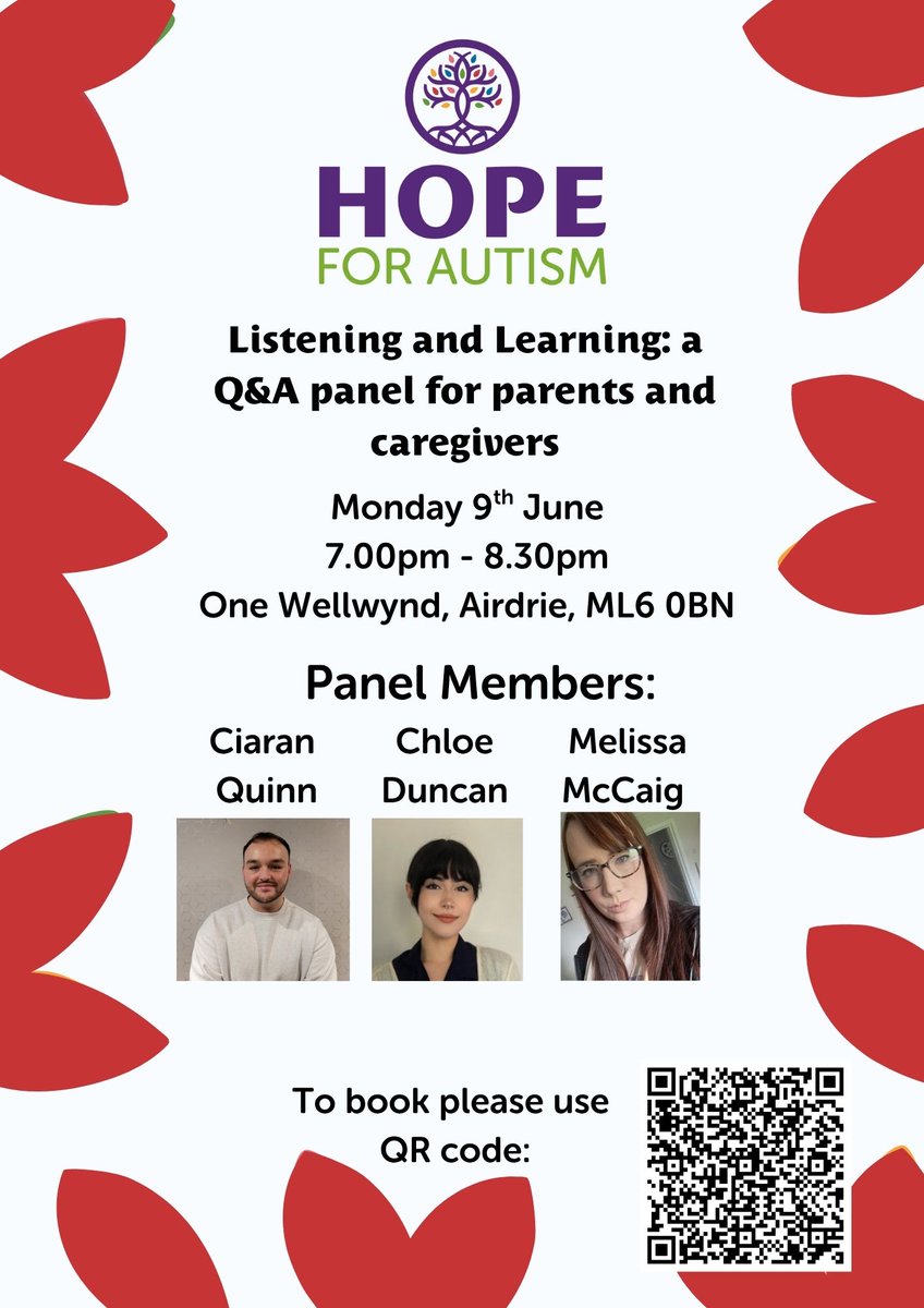 The panel will consist of a mix of autistic HOPE staff members and service users.

Please submit your questions in advance to Fiona Beggs, who will collect them and facilitate the evening   

Fiona.beggs@hopeforautism.org.uk

To book use QR code or visit
hopeforautism.org.uk/eventbrite/