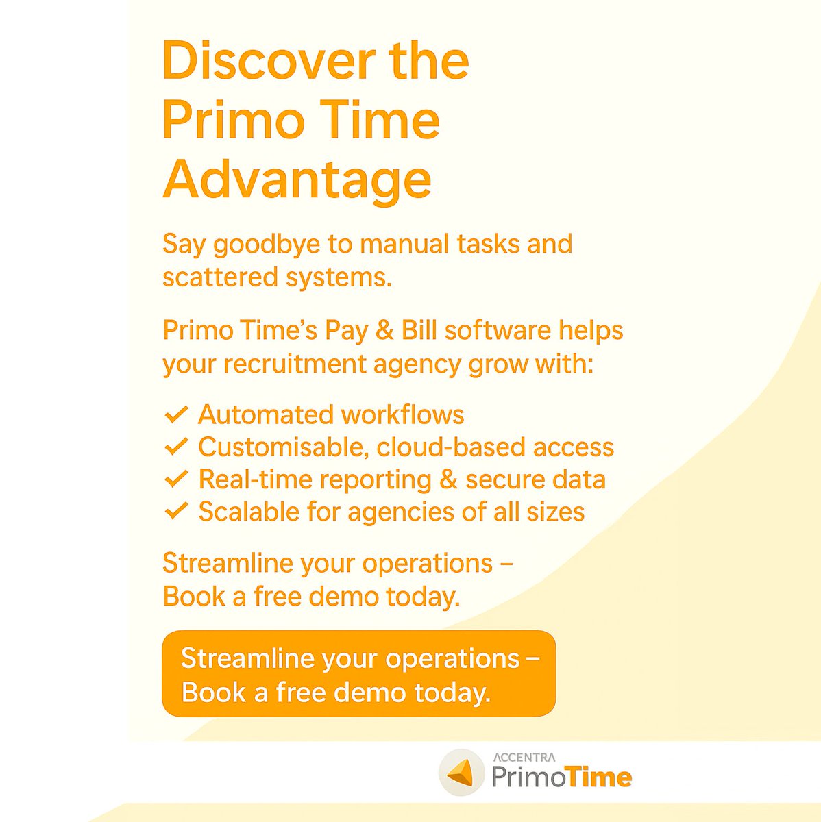 accentratech's tweet image. 🚀 Discover the Primo Time Advantage

Say goodbye to manual tasks and scattered systems.

📲 Streamline your operations – Book a free demo today.

#PayAndBill
#RecruitmentSoftware
#TimesheetAutomation
#PrimoTime