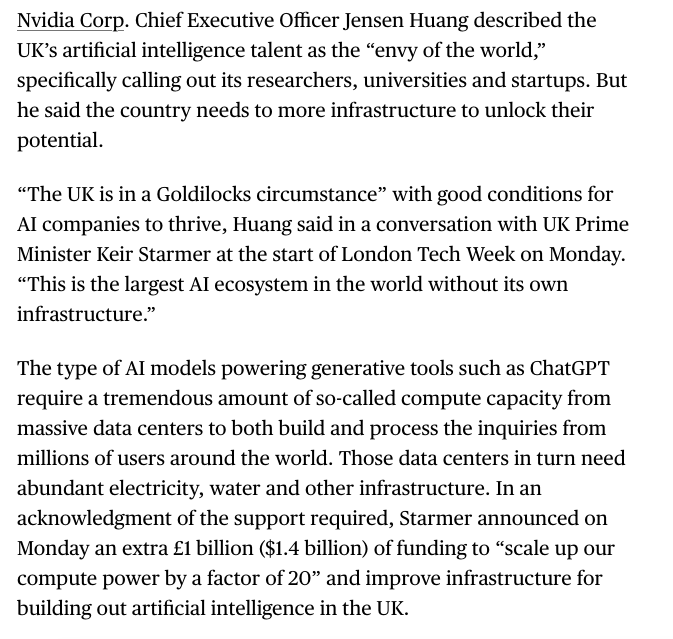 UK STAND TALL

Nvidia Corp. Chief Executive Officer Jensen Huang described the UK’s artificial intelligence talent as the “envy of the world.”