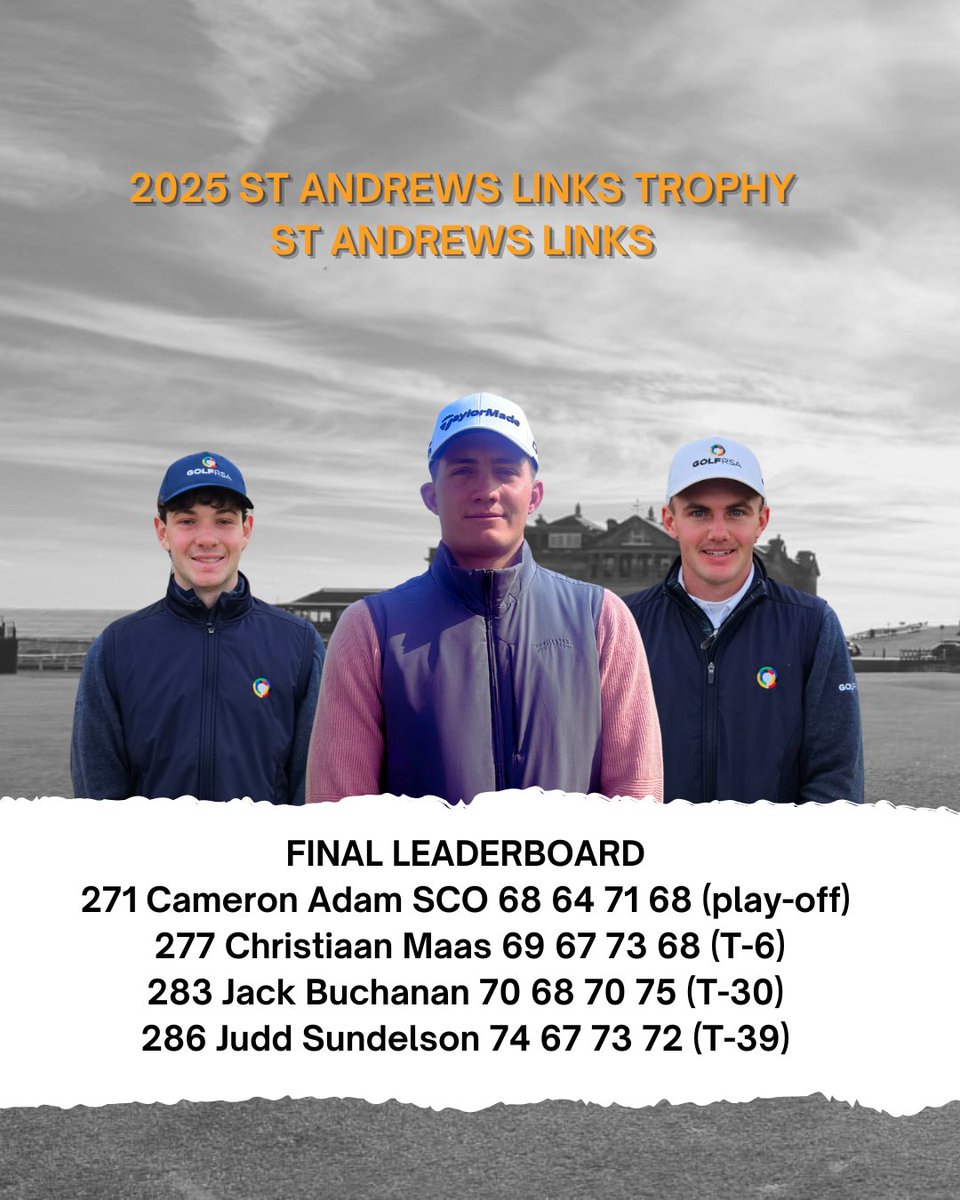 #Spotlight
Superb showing from South Africa's top-ranked amateur Christiaan Maas to finish joint 6th on a testing final day at The Old Course in the 2025 St Andrews Links Trophy.
Hats off also to fellow GolfRSA National Squad members Jack Buchanan (T30) &amp; Judd Sundelson (T39)!