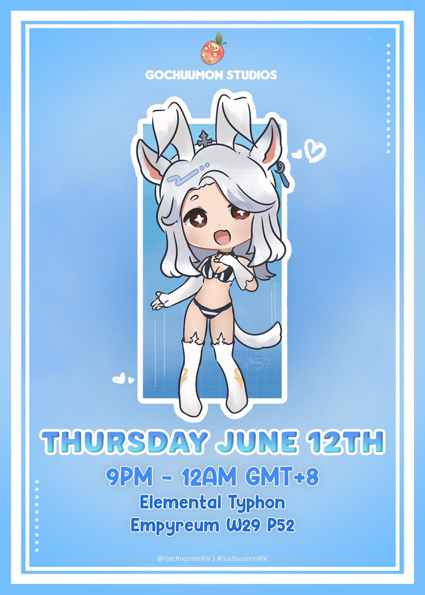 We're open again this Thursday - come pay a visit for your art and gpose needs! 🥳

⏰ Thursday June 12th 9PM - 12AM GMT+8
📍 Elemental Typhon | Empyreum W29 P52

🎨Art by @AkawaArt 
gochuumonart.carrd.co
#GochuumonXIV