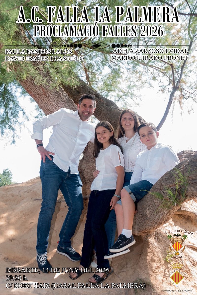 Arriba la setmana esperada per als nostres representants 🌴. 
El dissabte dia 14 🗓️ a les 20:30h 🕣, en el C/ Hora d'Ais de Sagunt 📍, tindrà lloc la proclamació dels representants de les falles 2026 🔥.

#palmeritos #falles2026 #fallalapalmera #monfaller #fallessagunt