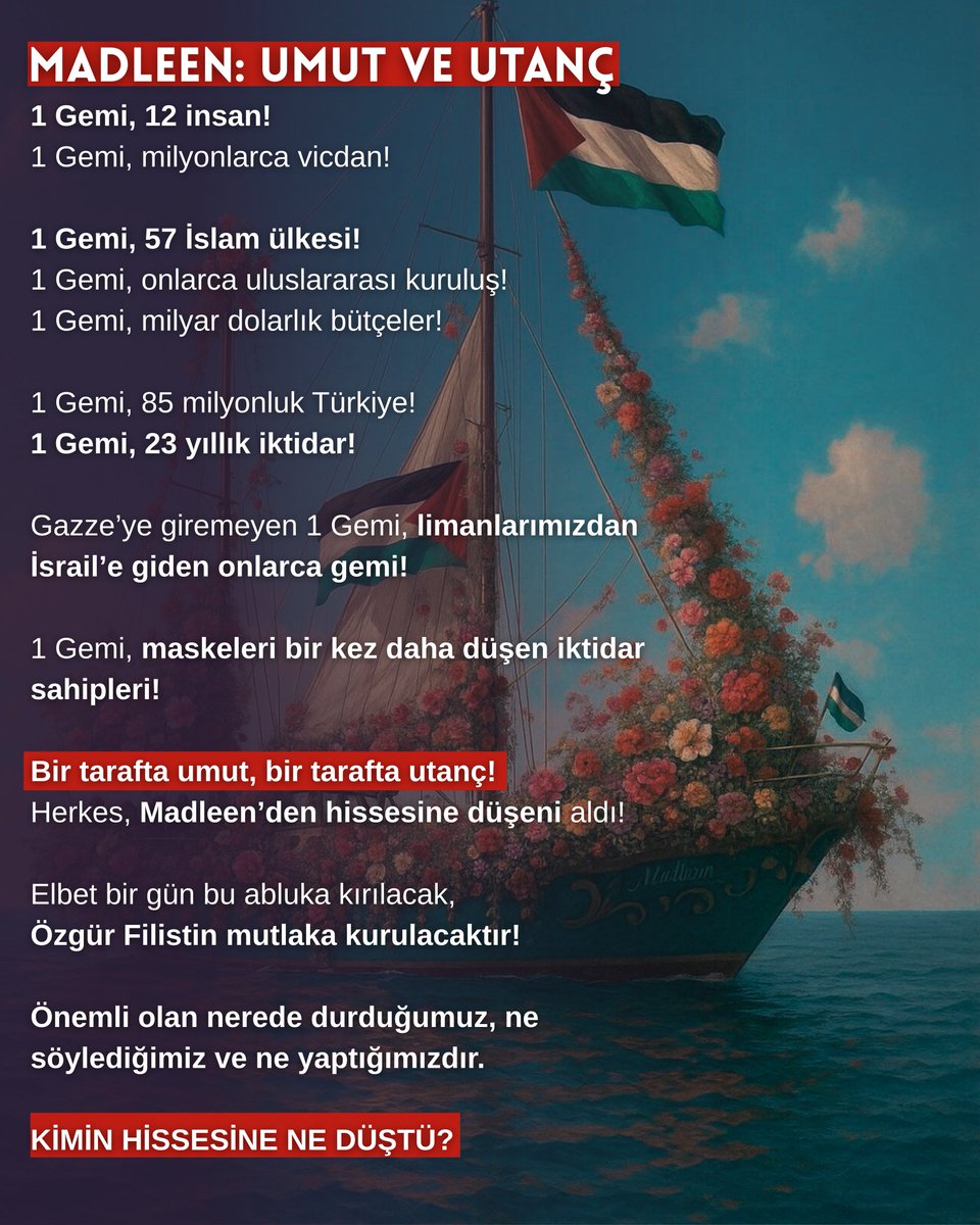1 Gemi, 12 insan!
1 Gemi, milyonlarca vicdan!

1 Gemi, 57 İslam ülkesi!
1 Gemi, 23 yıllık iktidar!

Bir tarafta UMUT, bir tarafta UTANÇ!

KİMİN HİSSESİNE NE DÜŞTÜ?
#Madleen