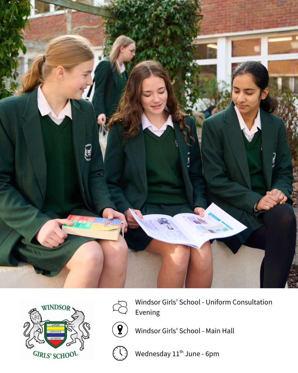Windsor Girls’ School are reviewing our uniform to reflect pride, equality, comfort &amp; modernity. Join us Wed 11 June, 6pm to see samples and share your views. Let’s shape a uniform our students can be proud of!
#windsorgirlsschool #uniformconsultation #AspireAdvanceAchieve