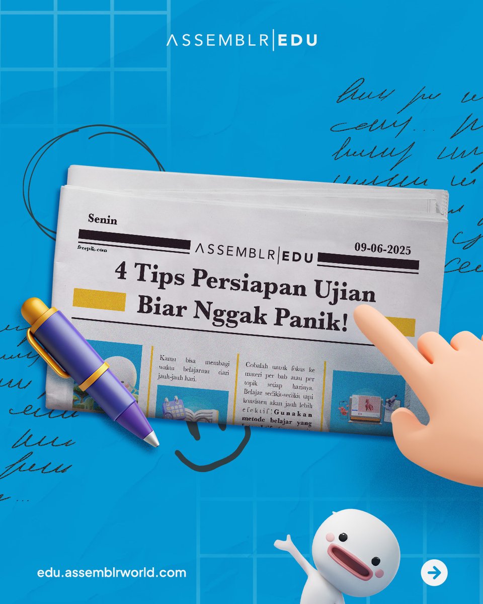 assemblrworld's tweet image. Siapa aja nih yang sebentar lagi mau ujian? Atau malah ada yang udah mulai ujiannya? 😱
Tenang-tenang, jangan panik! BLR mau kasih beberapa tips persiapan ujian nih buat kamu 👏🏻😉

📝4 Tips Persiapan Ujian Biar Nggak Panik! 📝

A Thread

#AssemblrEDU #BelajarSeru #Tips #Ujian