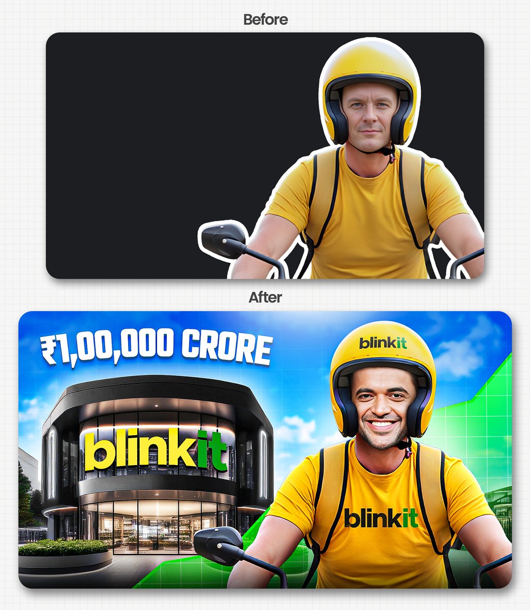 Before and After Business Documentary Thumbnail Design

Featured <a href="/deepigoyal/">Deepinder Goyal</a> in delivery attire + a weird Blinkit store to spark curiosity.

All visuals were made using <a href="/ideogram_ai/">Ideogram</a> 
Feedback welcome! 👇

#thumbnail #youtube #design #documentary