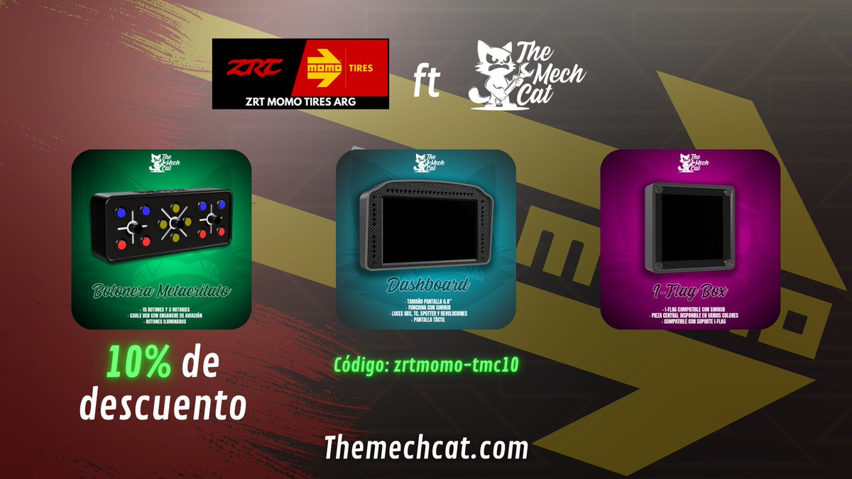 ZRT MOMO TIRES ARG (@zrt_momotiresar) on Twitter photo Un lunes arranca mejor con noticias como estas 😎
El gato mecánico ha puesto en marcha su web para que todo simracer tenga los mejores periféricos de la comunidad y nos ha dado un código para que podaís tener todos esos productos.
Gracias <a href="/TheMechCat/">The Mech Cat</a> ! Un lunes arranca mejor con noticias como estas 😎
El gato mecánico ha puesto en marcha su web para que todo simracer tenga los mejores periféricos de la comunidad y nos ha dado un código para que podaís tener todos esos productos.
Gracias <a href="/TheMechCat/">The Mech Cat</a> !