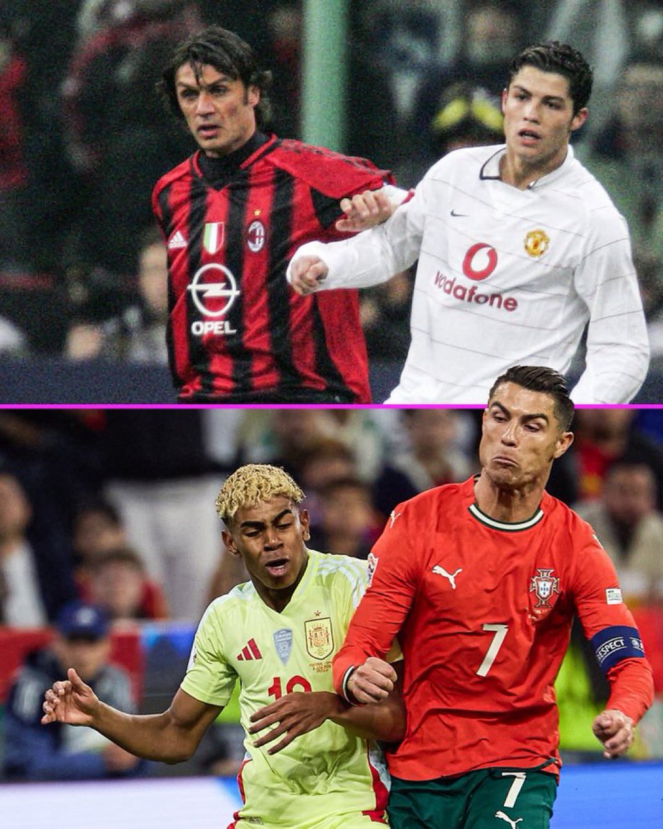 Ronaldo, neredeyse 40 yıllık bir futbol kuşağını kapsayan oyuncularla sahada yer aldı.
      1968 doğumlu biriyle de (Maldini), 2007 doğumlu biriyle de (Yamal) rakip oldu. 

Bu eşine az rastlanır bir kariyer. Acayip bir fotoğraf. 

     Paolo Maldini: 1968 doğumlu, Milan ve