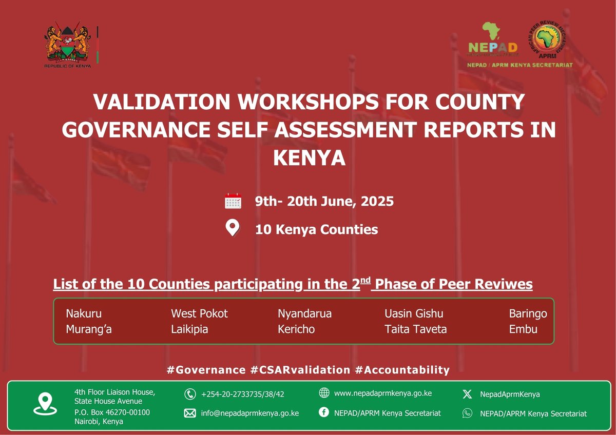 NEPAD/APRM KENYA SECRETARIAT (@nepadaprmkenya) on Twitter photo Commencing today is the Validation of the County Self-Assessment Report. The <a href="/NepadAprmKenya/">NEPAD/APRM KENYA SECRETARIAT</a> is undertaking the validation workshops in 10 counties, among them; Nakuru, Embu, Murang’a, Uasin Gishu, Kericho, Baringo, West Pokot, Laikipia, Taita Taveta & Nyandarua. Commencing today is the Validation of the County Self-Assessment Report. The <a href="/NepadAprmKenya/">NEPAD/APRM KENYA SECRETARIAT</a> is undertaking the validation workshops in 10 counties, among them; Nakuru, Embu, Murang’a, Uasin Gishu, Kericho, Baringo, West Pokot, Laikipia, Taita Taveta & Nyandarua.