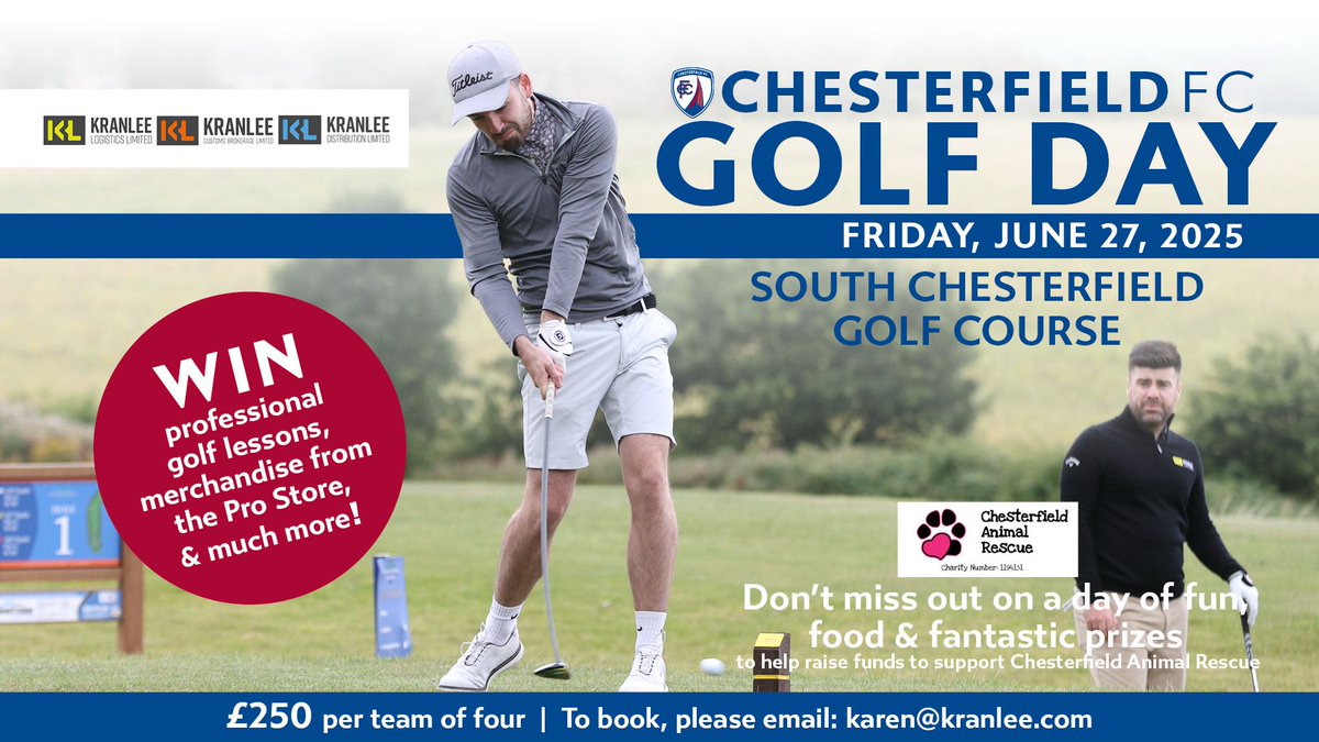 Chesterfield FC (@chesterfieldfc) on Twitter photo 🏌️♂️There are a limited number of places remaining on our annual golf day coming up in under two weeks!
To register your interest, please contact: karen@kranlee.com 🏌️♂️There are a limited number of places remaining on our annual golf day coming up in under two weeks!
To register your interest, please contact: karen@kranlee.com