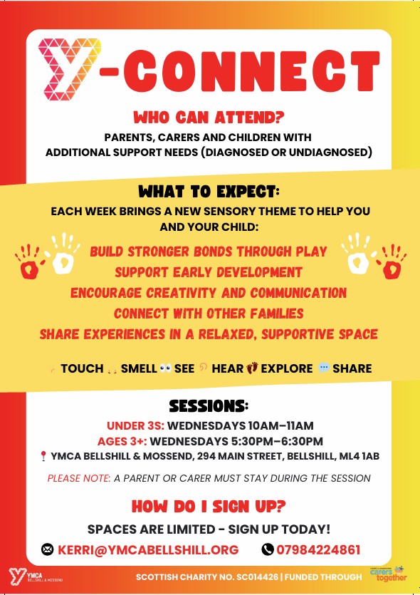 Y-Connect is a FREE 12-week sensory programme for children with additional support needs + their families

Wednesdays
Under 3s: 10.00am to 11.00am
Ages 3+: 5.30pm to 6.30pm

Spaces are limited, sign up today

<a href="/BellshillYmca/">Bellshill & Mossend YMCA</a> 

ymcabellshill.org

kerri@ymcabellshill.org
