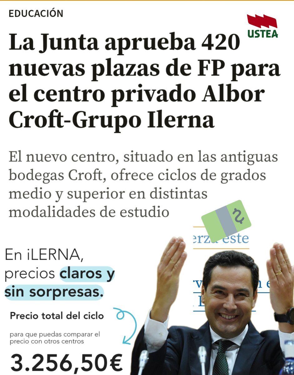 ❌No podemos permitir que la administración andaluza le siga regalando la FP a las empresas privadas. 
✅Necesitamos una oferta pública gratuita de calidad y actualizada para que el alumnado andaluz pueda seguir sus estudios.

¡ Luchemos por una educación para todos y todas!💪💚