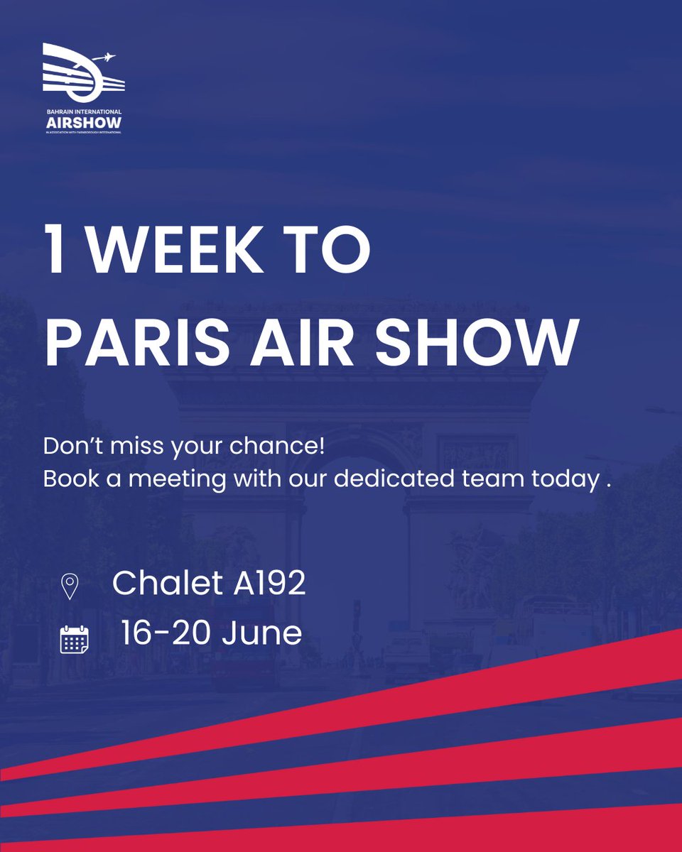 In only one week our team will be at the Paris Air Show, reconnecting with long-standing partners and forging new business connections.

Secure your meeting today by emailing: bahraininternationalairshow@farnborough.com

#BIAS2026  #PAS2025 #Paris #Airshow #Aviation #Aerospace