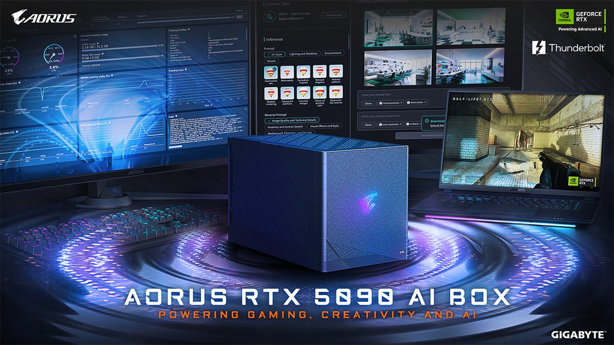 ✨💪  Entfessle die Power eines Desktop-PCs – extern und flexibel!

Die AORUS RTX 5090 AI BOX liefert dir echte RTX 5090 Leistung in einer externen GPU-Lösung, die sich direkt in deinen Workflow einfügt.

🧠 Integrierte GeForce RTX 5090
⚙️ NVIDIA Blackwell Architektur &amp; DLSS 4
💧