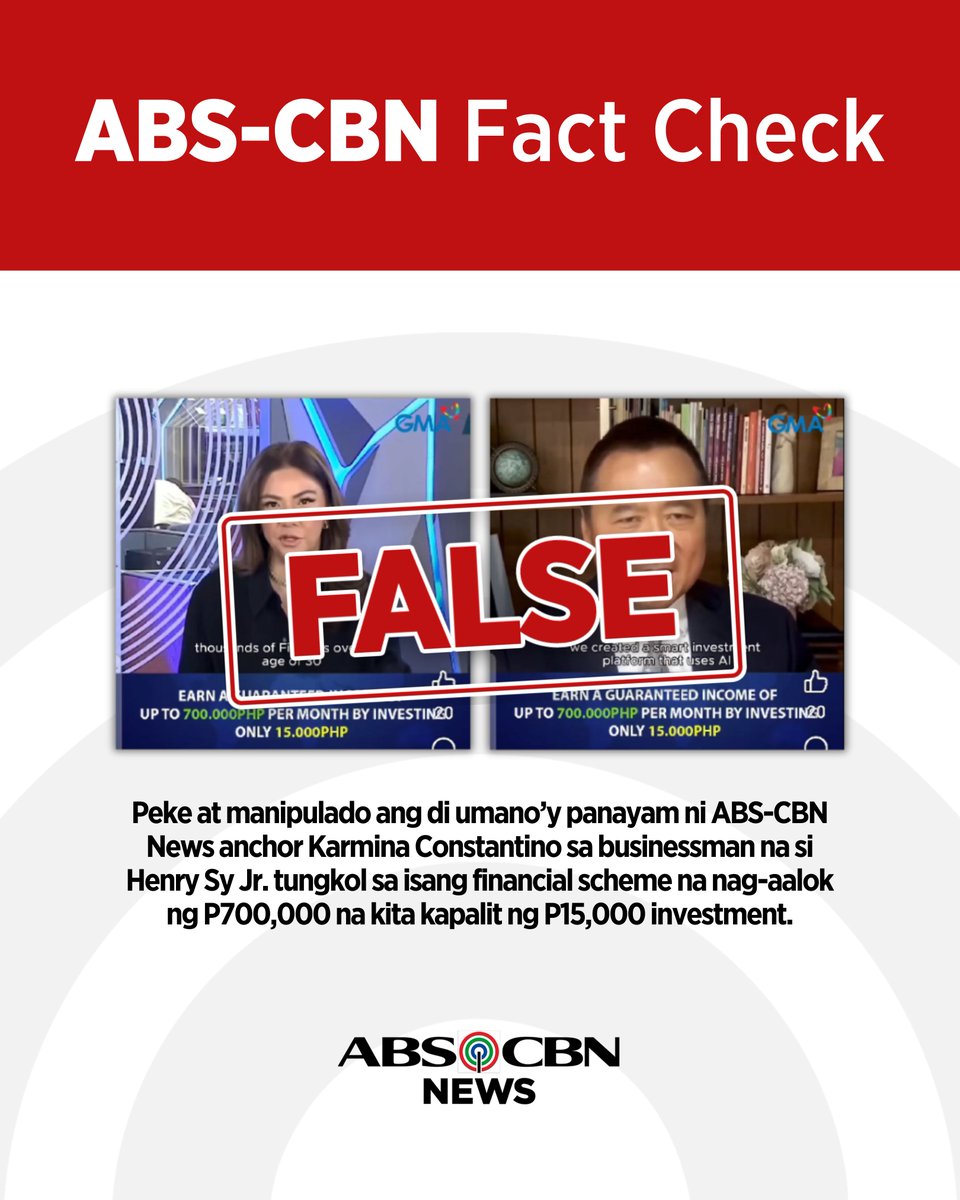 ABS-CBN Fact Check (@abscbnfactcheck) on Twitter photo #ABSCBNFactCheck Rating: FALSE
Pinagdugtong ang dalawang magkahiwalay na video nina ABS-CBN News anchor Karmina Constantino at businessman Henry Sy Jr. para palabasing magkausap sila sa isang panayam tungkol sa isang investment platform.
<a href="/ABSCBNNews/">ABS-CBN News</a> #ABSCBNFactCheck Rating: FALSE
Pinagdugtong ang dalawang magkahiwalay na video nina ABS-CBN News anchor Karmina Constantino at businessman Henry Sy Jr. para palabasing magkausap sila sa isang panayam tungkol sa isang investment platform.
<a href="/ABSCBNNews/">ABS-CBN News</a>