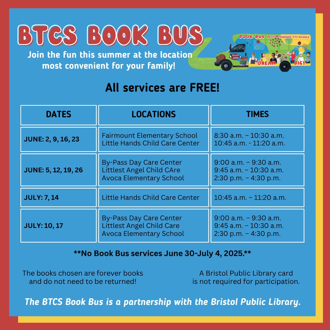 The BTCS Book Bus is rolling today—and again this Thursday!
Join us for a fun summer reading experience. Every child gets free books to keep!
📚 More info: btcs.org/bookbus
