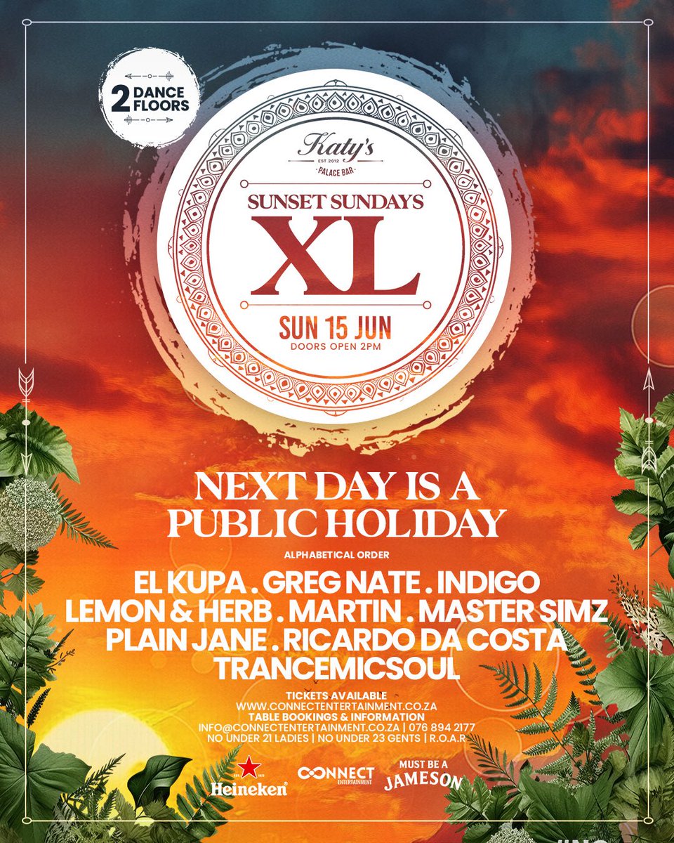 The good people of Joburg! It’s Sunset Sundays XL week.

Join us on the 15th of June (next day is a public holiday) at Katy’s Palace Bar.

#SunsetSundays