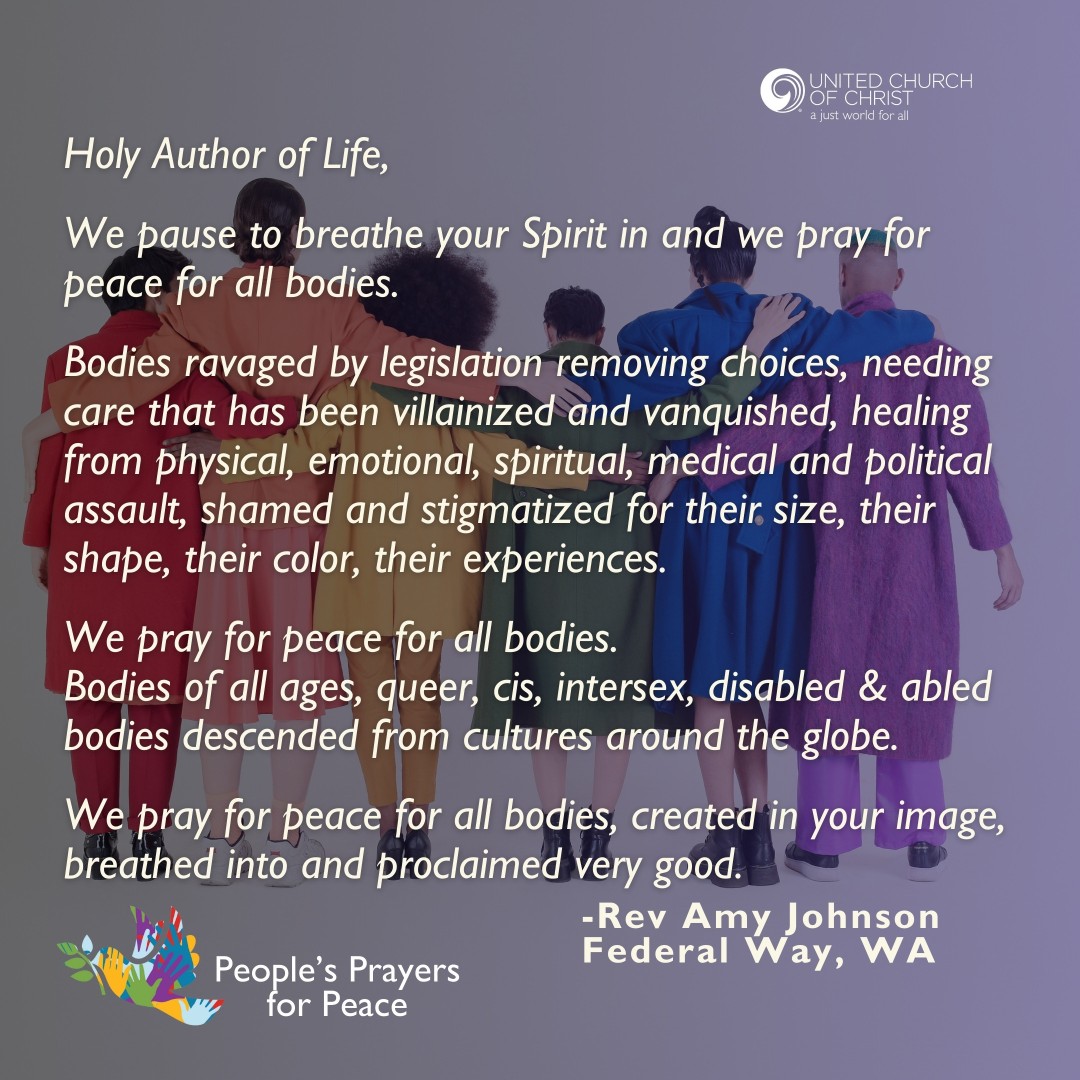 UnitedChurch's tweet image. 🙏🏾 #Pray for #peace for all bodies,

Bodies ravaged by legislation, stigmatized for size, shape, color &amp;amp; experiences.

Bodies of all ages, queer, cis, intersex, disabled &amp;amp; abled, created in God's image.

-Rev Amy Johnson

👉🏾 People's #PrayersforPeace: ow.ly/CheU50W5gAU