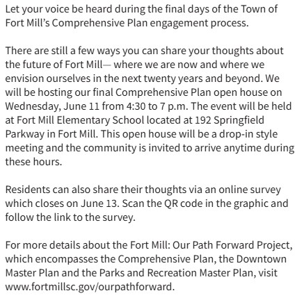 Please see this message about the Town's Comprehensive Plan open house on Wednesday, June 11 from 4:30 to 7 p.m. Scan the QR code in the first image below to take the Comp Plan survey. Click the second image below for full details about the plan process.