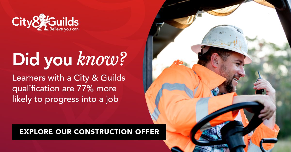 Did you know? Learners with a City &amp; Guilds qualification are 77% more likely to progress into a job than those with qualifications from other providers.   

Explore our construction offer here at ow.ly/T4aS50W65Vr 

#BuildingFutures #CityAndGuilds #Construction