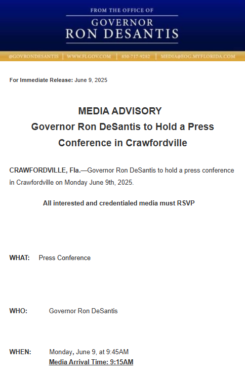 The Gov taking a short trip to Crawfordville this morning.