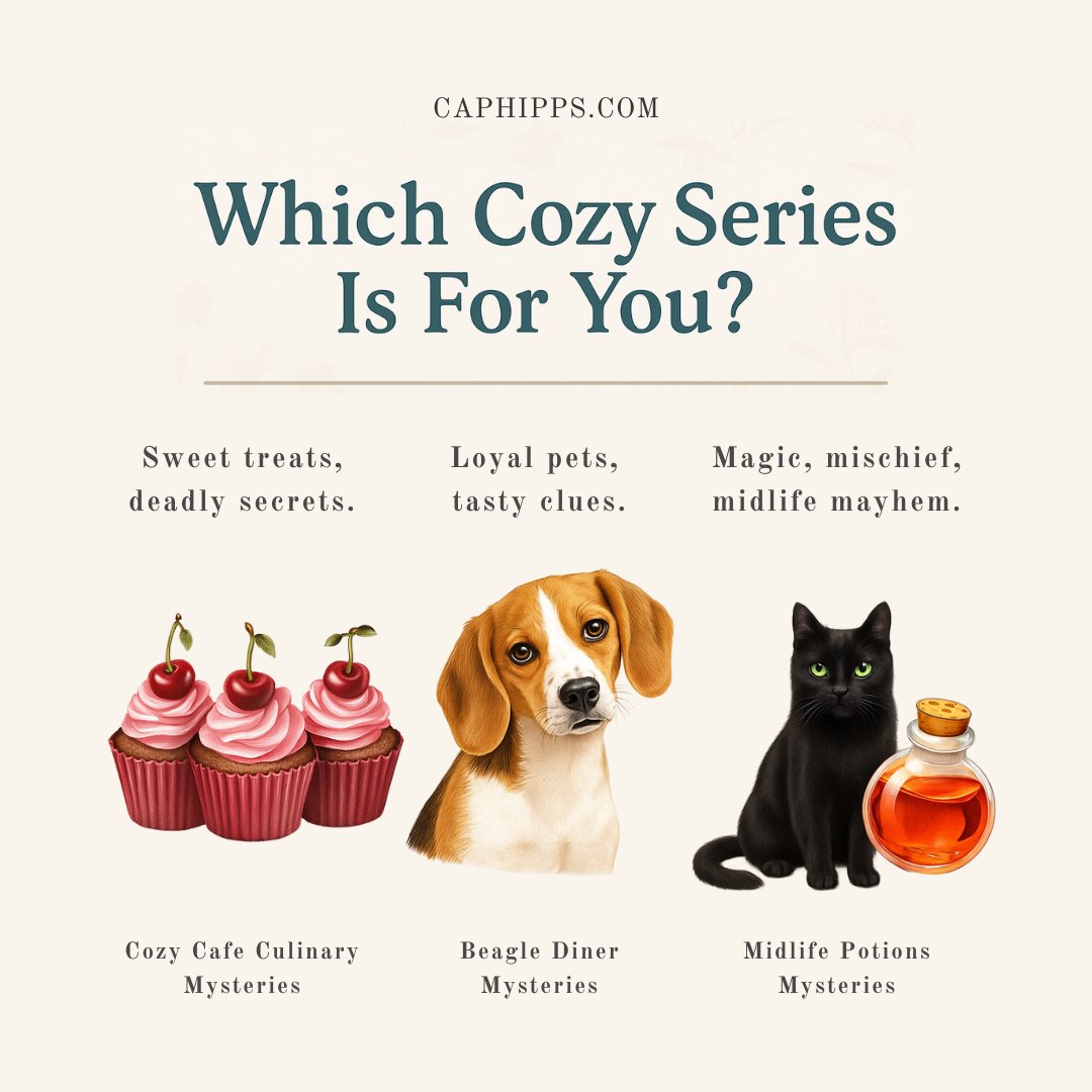Need help picking your next cozy mystery? Let’s match your mood!

🥧 Maple Lane – baking &amp; small-town charm
🐶 Beagle Diner – dogs &amp; diner drama
🧙‍♀️ Witchy Coffee – magic &amp; mystery
👇 Which one’s your vibe?

caphipps.com/collections/