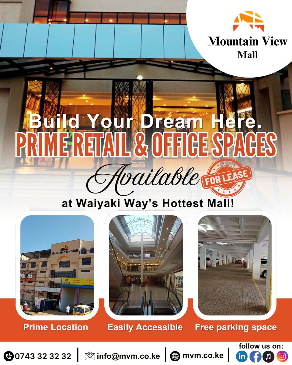 Mountain View Mall (@mvm_ke) on Twitter photo New week, new biz move! 🚀
Get a space at Mountain View Mall—Waiyaki Way’s top spot!
✔️ Prime location
✔️ Flexible spaces
✔️ Affordable rates
📩 DM “LEASING” | 📞 0743 32 32 32 | 🌐 mvm.co.ke
#MondayMindset #NairobiBusiness #RetailSpaceKenya New week, new biz move! 🚀
Get a space at Mountain View Mall—Waiyaki Way’s top spot!
✔️ Prime location
✔️ Flexible spaces
✔️ Affordable rates
📩 DM “LEASING” | 📞 0743 32 32 32 | 🌐 mvm.co.ke
#MondayMindset #NairobiBusiness #RetailSpaceKenya