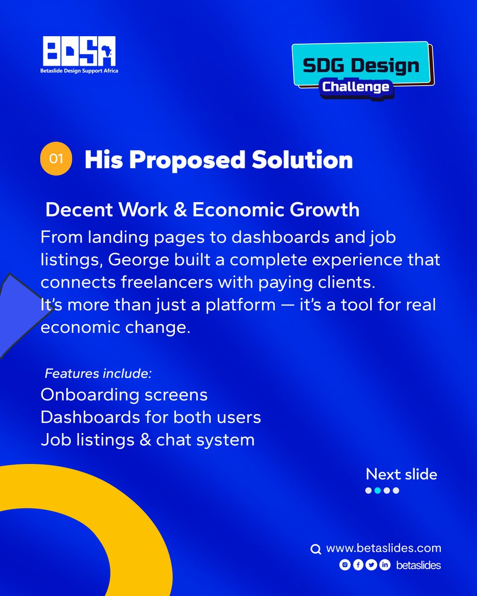 betaslides_'s tweet image. George tackled SDG 8 with a job platform design that connects freelancers to real opportunities.
From landing page to dashboards—his design is all about impact, growth &amp;amp; purpose.
Big ups to George for designing with intention! 👏
#Betaslides #SDGChallenge #DesignForImpact #UIUX