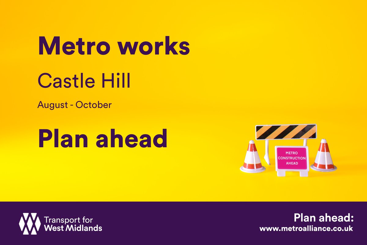 🚋 METRO CONSTRUCTION ACTIVITY 🚋

From mid-August - end of October, there will be Metro construction activities around Castle Hill. 🚜

Please check latest information, plan ahead and leave extra time through Dudley. ⚠️

Find out more at: tfwm.org.uk/dudley