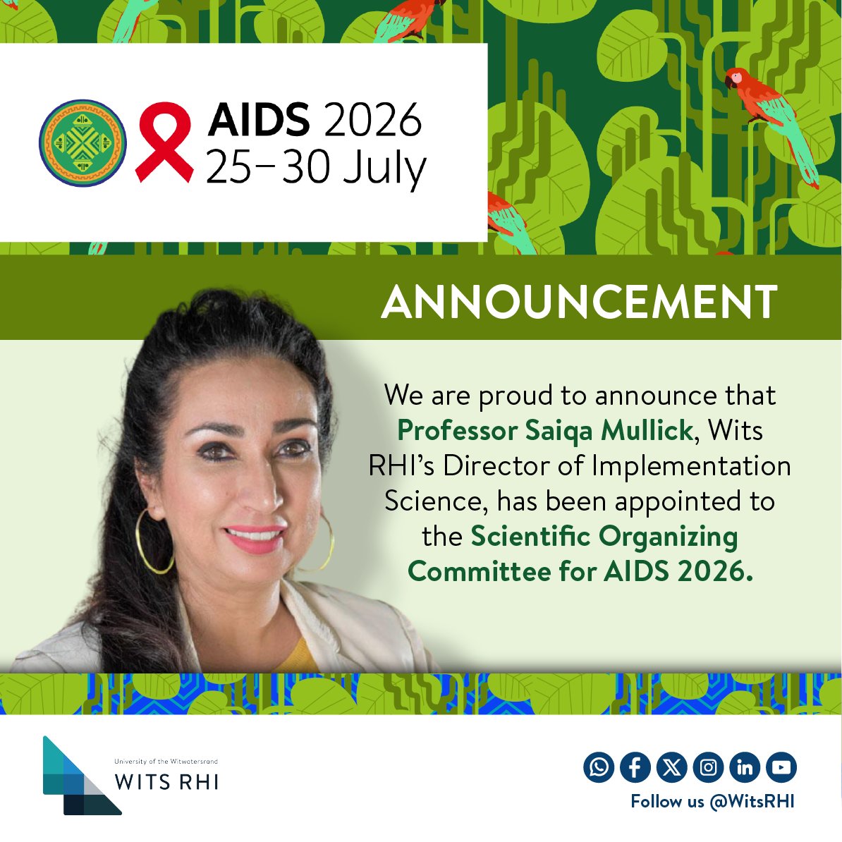 📢Just announced. <a href="/WitsRHI/">Wits RHI</a> Prof Saiqa Mullick joins the Scientific Organizing Committee for #AIDS2026 She’ll help shape a global programme blending science, community, and leadership.
📍 Rio de Janeiro &amp; virtual | July 2026
 Learn More: bit.ly/4jE75SE #HIVLeadership