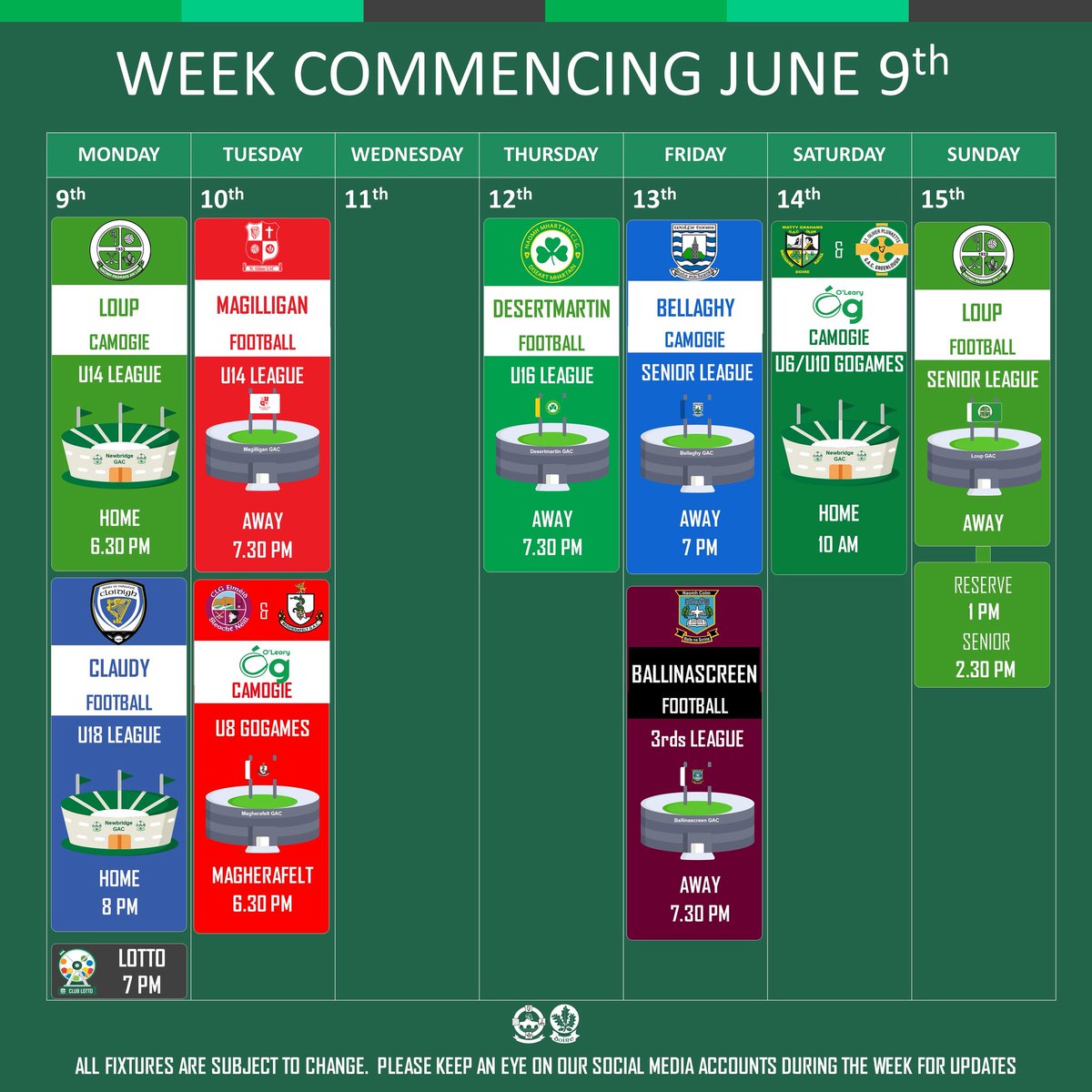 🇳🇬📅 𝗪𝗘𝗘𝗞𝗟𝗬 𝗙𝗜𝗫𝗧𝗨𝗥𝗘𝗦

See post for our schedule of games and events this week.  Please keep an eye on the social media channels for updates.