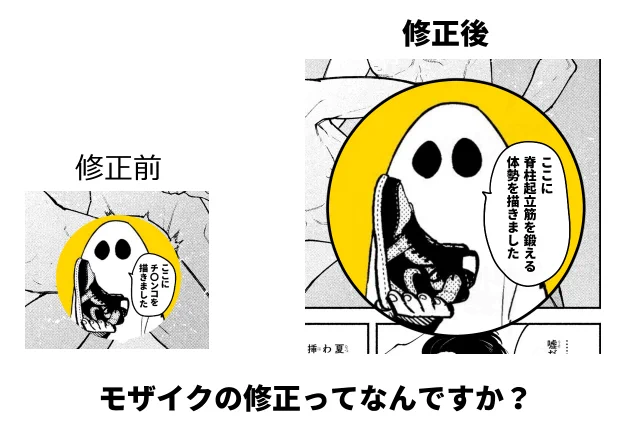 前回モザイクがかなり直接的だったので、今回はかなり婉曲的モザイクに変更しました。

モザイクの修正ってなに…? 