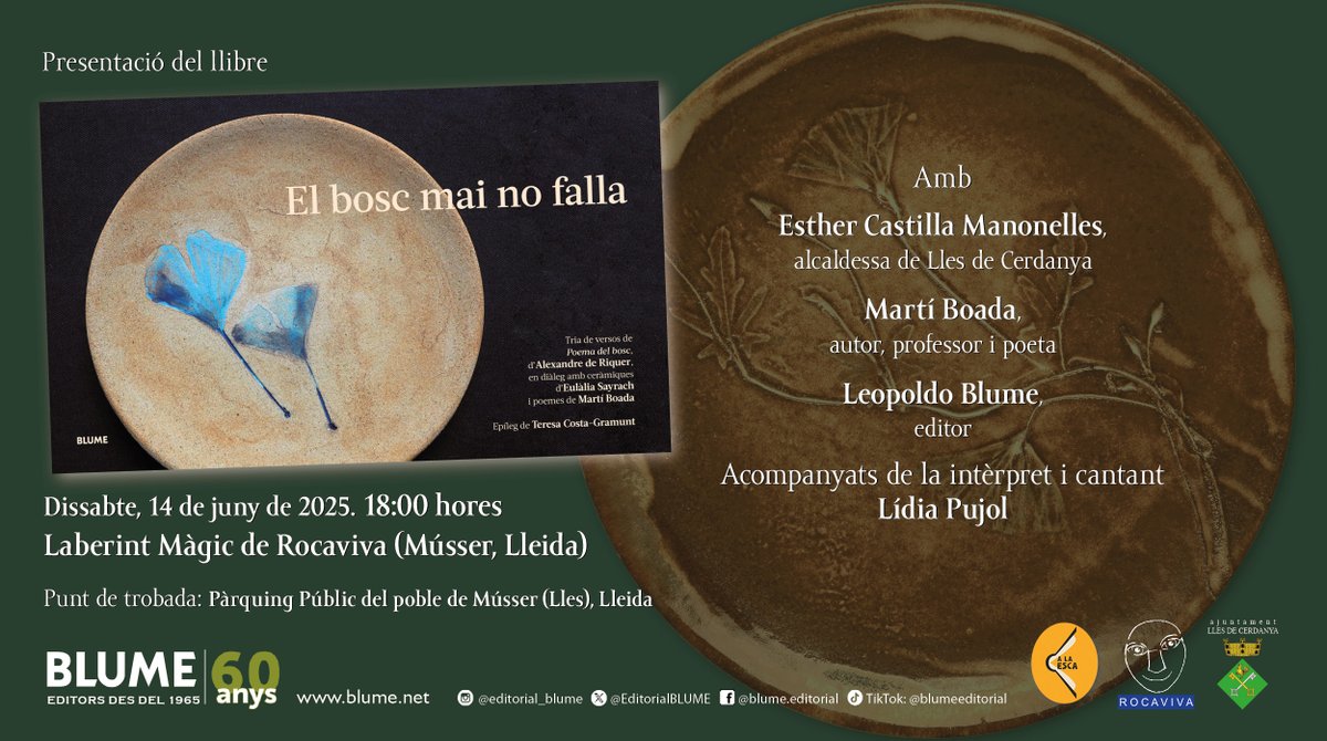 Lídia Pujol (@lidiapujoliter) on Twitter photo 📚🌿 El 14 de juny presentem #ElBoscMaiNoFalla de <a href="/MartiBoada/">Martí Boada</a>. Jo hi seré, acompanyant amb la veu.
🗓️ 14 de juny de 2025
⏲️ 19:00 h (punt de trobada: 18h, pàrquing públic del poble de Músser)
📍 Laberint Màgic de Rocaviva, Músser, Lleida.
<a href="/EditorialBLUME/">BLUME EDITORIAL</a> 📚🌿 El 14 de juny presentem #ElBoscMaiNoFalla de <a href="/MartiBoada/">Martí Boada</a>. Jo hi seré, acompanyant amb la veu.
🗓️ 14 de juny de 2025
⏲️ 19:00 h (punt de trobada: 18h, pàrquing públic del poble de Músser)
📍 Laberint Màgic de Rocaviva, Músser, Lleida.
<a href="/EditorialBLUME/">BLUME EDITORIAL</a>