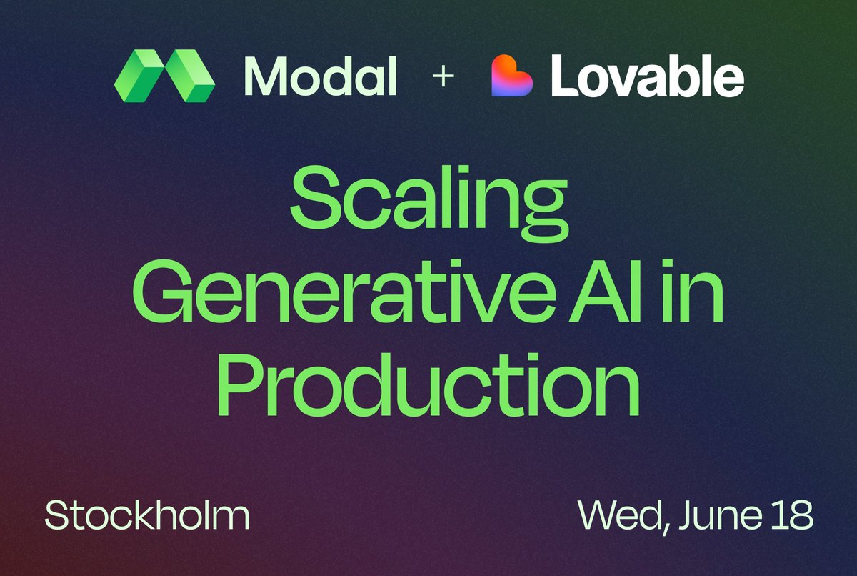 🚨🚨
AI practitioners in Sweden 🇸🇪

this week <a href="/modal_labs/">Modal</a> and <a href="/lovable_dev/">Lovable</a> are hosting a rooftop mingle and panel on scaling generative AI in production

panel from <a href="/modal_labs/">Modal</a>, <a href="/NekoHealth/">Neko Health</a> and <a href="/lovable_dev/">Lovable</a>