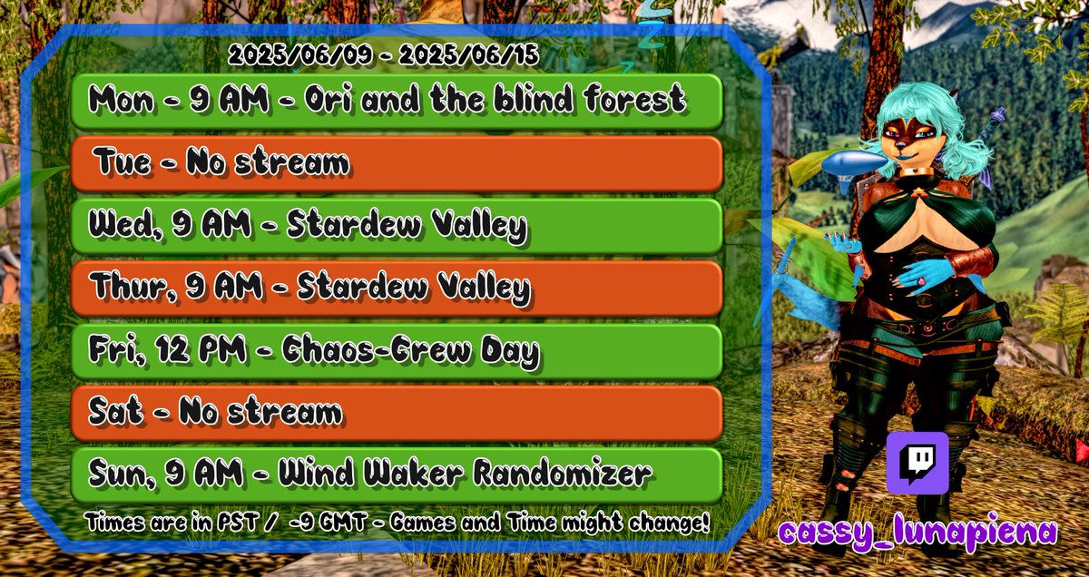 Hello beans. This is the schedule for this week.

We will start to complete Ori 100%, start a new farm together with <a href="/didymus421/">didymus42</a> in Stardew, have a good time with the Chaos-Crew and enjoy my new fav randomizer, Wind Waker

Come hang out: twitch.tv/cassy_lunapiena