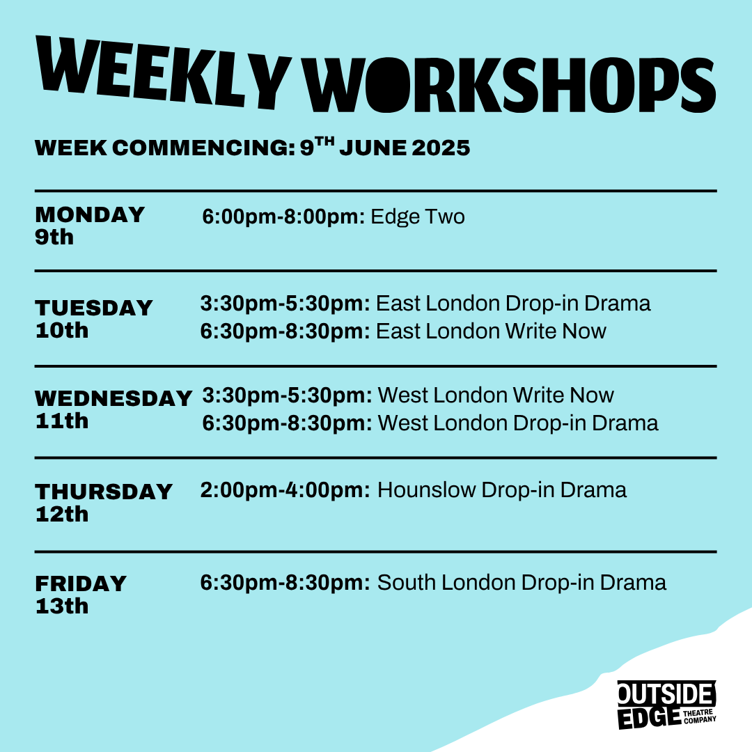 OutsideTheatre's tweet photo. Outside Edge Theatre Company’s schedule for w/c 09.06.25
New to Outside Edge? Sign up to get involved today using the link in our bio.
We'd be delighted to see you this week.
#TheatreWorkshops #Dramaworkshop #FreeActivity #AddictionSupport #SoberCommunity #Writingworkshop https://t.co/xKrmDhCqae