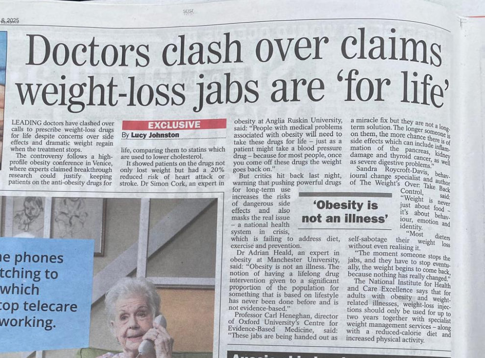 lucy johnston (@thelucyjohnston) on Twitter photo Should ‘skinny jabs’ be prescribed for life?
Is obesity an illness?
<a href="/carlheneghan/">Carl Heneghan</a>
<a href="/DrSimonCork/">Simon Cork 👨🔬🔬🧠🎓</a> Should ‘skinny jabs’ be prescribed for life?
Is obesity an illness?
<a href="/carlheneghan/">Carl Heneghan</a>
<a href="/DrSimonCork/">Simon Cork 👨🔬🔬🧠🎓</a>