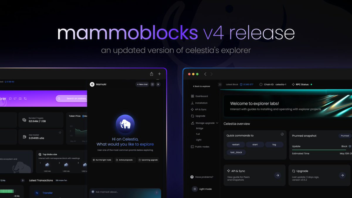 STAKEME (@stakeme_pro) on Twitter photo 🚀 Mammoblocks v4 release
We're excited to introduce two major new modules — MamoAI and Labs — marking a big step toward smarter, more accessible tools for working with the <a href="/celestia/">Celestia 🦣</a> network.
🤖 MamoAI – Your AI Assistant in the Explorer
Mammoblocks now features a built-in AI 🚀 Mammoblocks v4 release
We're excited to introduce two major new modules — MamoAI and Labs — marking a big step toward smarter, more accessible tools for working with the <a href="/celestia/">Celestia 🦣</a> network.
🤖 MamoAI – Your AI Assistant in the Explorer
Mammoblocks now features a built-in AI