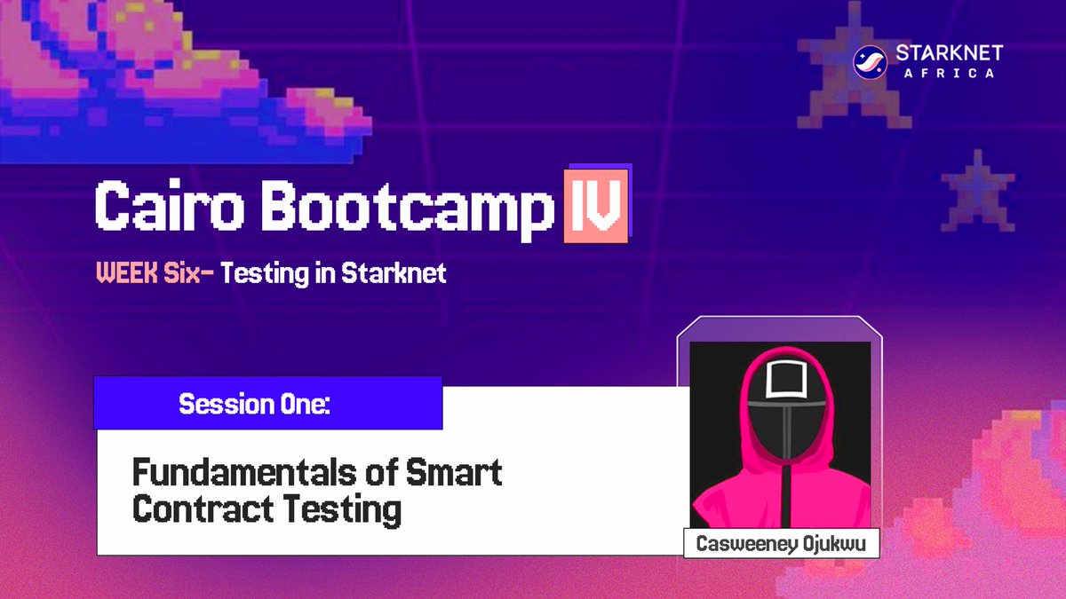 Starknet Africa 🌍 (@starknetafrica) on Twitter photo We’re in the sixth week of Cairo Bootcamp IV, and just a few weeks remain.
This week is all about testing smart contracts on <a href="/Starknet/">Starknet 🐺🐱</a>, with <a href="/codingcas/">Casweeney | ojukwu.eth</a> leading the way.
If you missed earlier classes, here’s everything you need to catch up ⬇️ We’re in the sixth week of Cairo Bootcamp IV, and just a few weeks remain.
This week is all about testing smart contracts on <a href="/Starknet/">Starknet 🐺🐱</a>, with <a href="/codingcas/">Casweeney | ojukwu.eth</a> leading the way.
If you missed earlier classes, here’s everything you need to catch up ⬇️