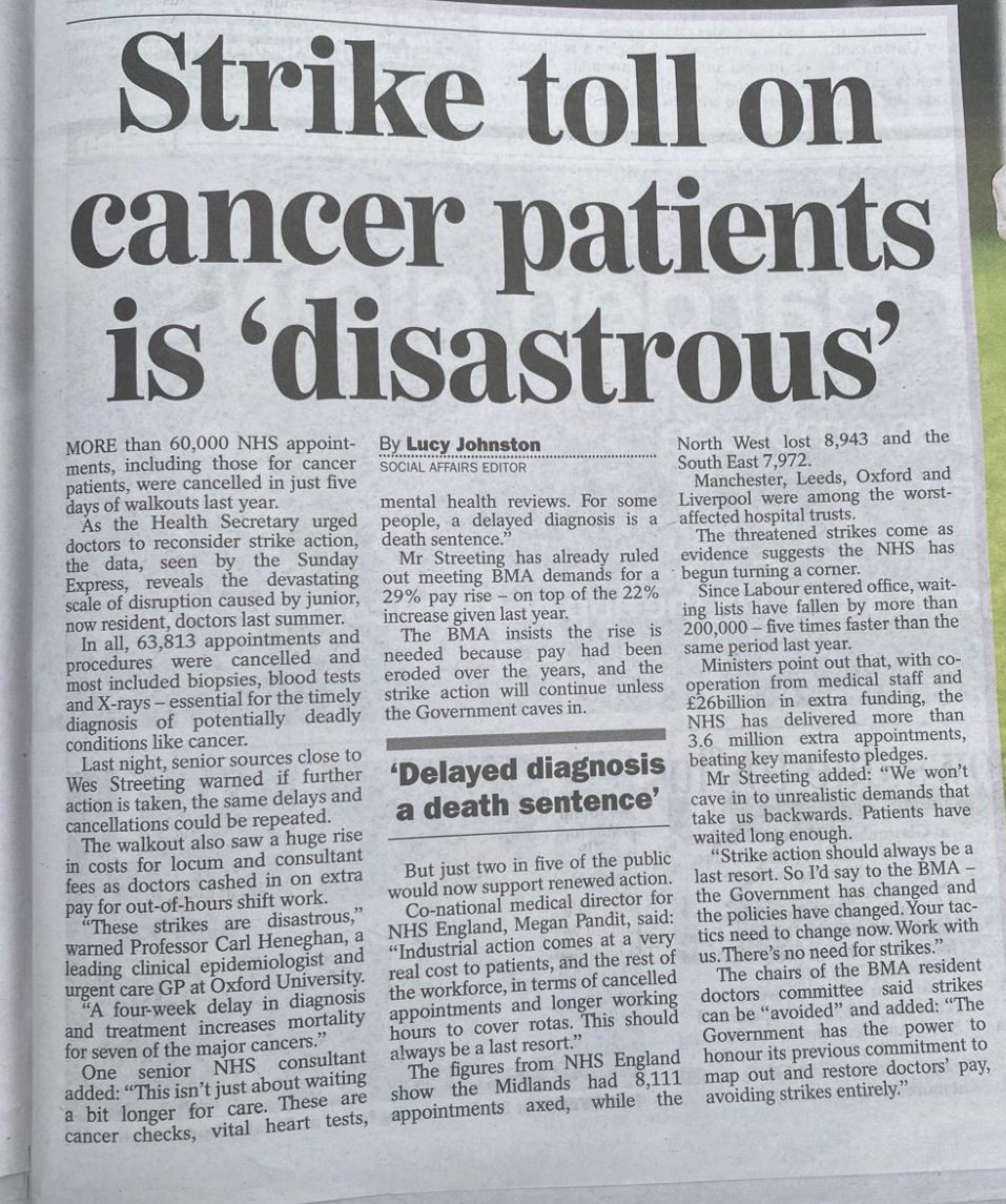 lucy johnston (@thelucyjohnston) on Twitter photo 🚨 Junior drs strike cost 12000 lost appointments a day - including vital cancer checks
Cancer treatment delay of 1 month = 10 percent increased risk of death
<a href="/carlheneghan/">Carl Heneghan</a> 🚨 Junior drs strike cost 12000 lost appointments a day - including vital cancer checks
Cancer treatment delay of 1 month = 10 percent increased risk of death
<a href="/carlheneghan/">Carl Heneghan</a>