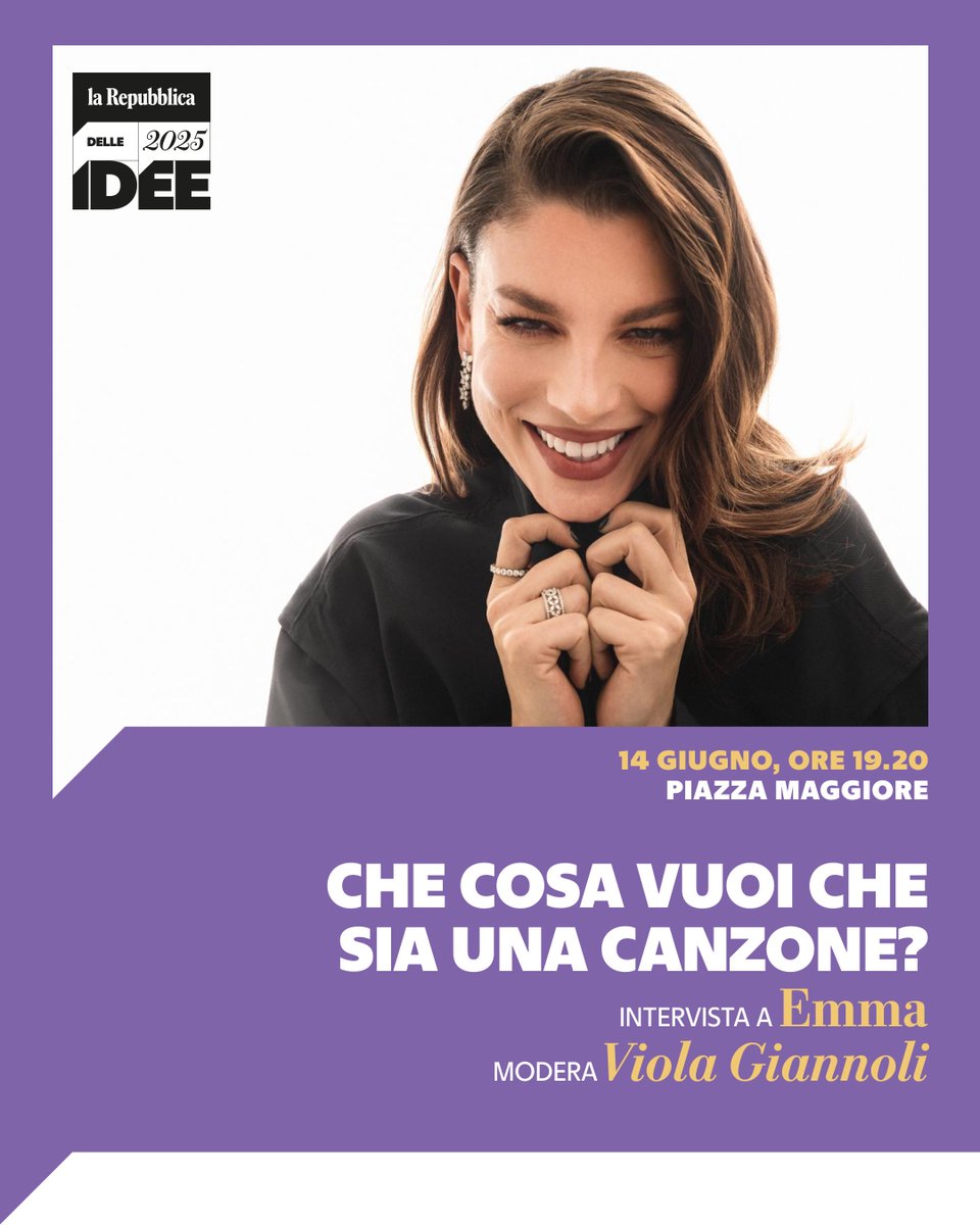 Con <a href="/MarroneEmma/">Emma Marrone</a> a #RepIdee25

🗓️ Sabato 14/6, ore 19:20

📍 Piazza Maggiore, Bologna

Parole, musica e identità con Viola Giannoli

🎟️ eventi.repubblica.it/repidee2025