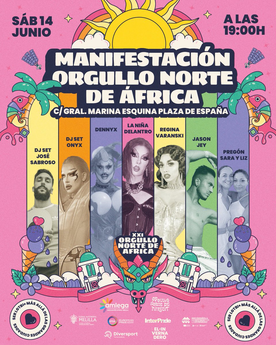 🌈¡Ven a la manifestación del XXI Orgullo Norte de África!🌈

✨Sábado 14 Junio
✨19:00h
✨C/General Marina, esquina Plaza España

Con <a href="/laninyadelantro/">🥀 La Niña 💔</a>, Dennyx, <a href="/ReginaVaranski/">Regina Varanski</a> 
Dj Set <a href="/onyxunleashed/">O̸̲̝̔̓́̓͂n̸͉̲̽͂̅͊̿y̶̝̫̜̋̽̓̀͂x҉̭̠̓̿̋̎</a> y José Sabroso
Espectaculo con el <a href="/BalletColores/">BALLET COLORES</a> y Jason Jey

Trae tu pancarta!