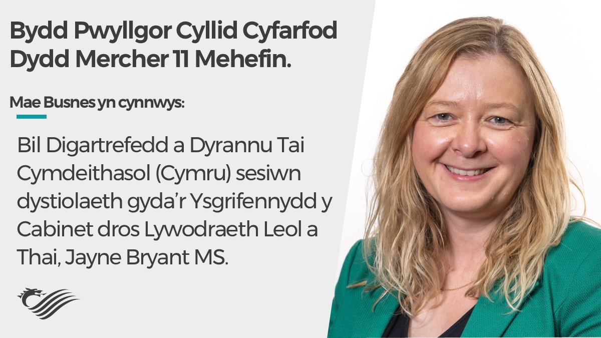 Ddydd Mercher, bydd y Pwyllgor yn clywed tystiolaeth gan Ysgrifennydd y Cabinet dros Lywodraeth Leol a Thai ynghylch goblygiadau ariannol y Bil Digartrefedd a Dyrannu Tai Cymdeithasol (Cymru).

📺Gallwch wylio’r cyfarfod yma:
📖Mae’r agenda ar gael yma: busnes.senedd.cymru/ieListDocument…