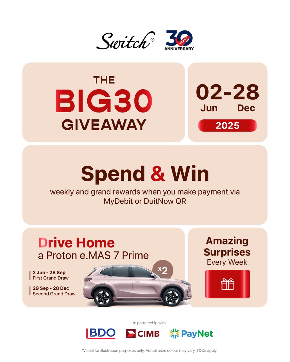 🎉 The 30th Anniversary Giveaway is here! 🎉
We’re celebrating with surprises — and you’re invited.

🛍️ Spend any amount (via Debit Card or DuitNow) at any Switch outlet or online store
🎟️ Every purchase = 1 entry
📅 Weekly winners + a shot at the Grand Prize

No minimum spend.