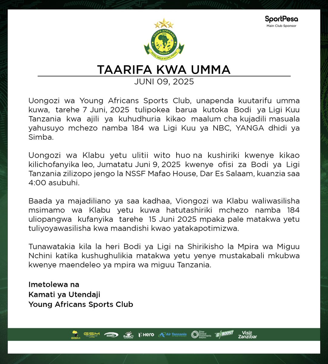 YoungAfricansSC's tweet photo. TAARIFA KWA UMMA 

#TimuYaWananchi 
#DaimaMbeleNyumaMwiko https://t.co/yVQDmB66tW