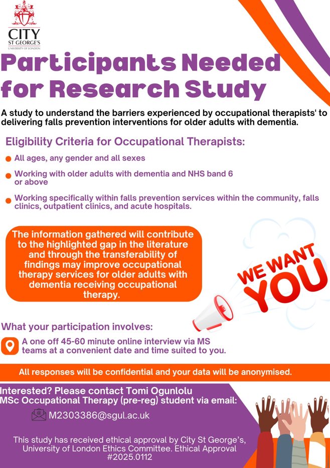 Occupational Therapy at City StGeorge’s University (@sgul_ot) on Twitter photo ‼️ PLEASE SHARE - Eligibility criteria changed to enable more Occupational Therapists to take part in this important research on falls prevention in dementia services! Please email Tomi directly to find out more: m2303386@sgul.ac.uk Thank you! ‼️ ‼️ PLEASE SHARE - Eligibility criteria changed to enable more Occupational Therapists to take part in this important research on falls prevention in dementia services! Please email Tomi directly to find out more: m2303386@sgul.ac.uk Thank you! ‼️